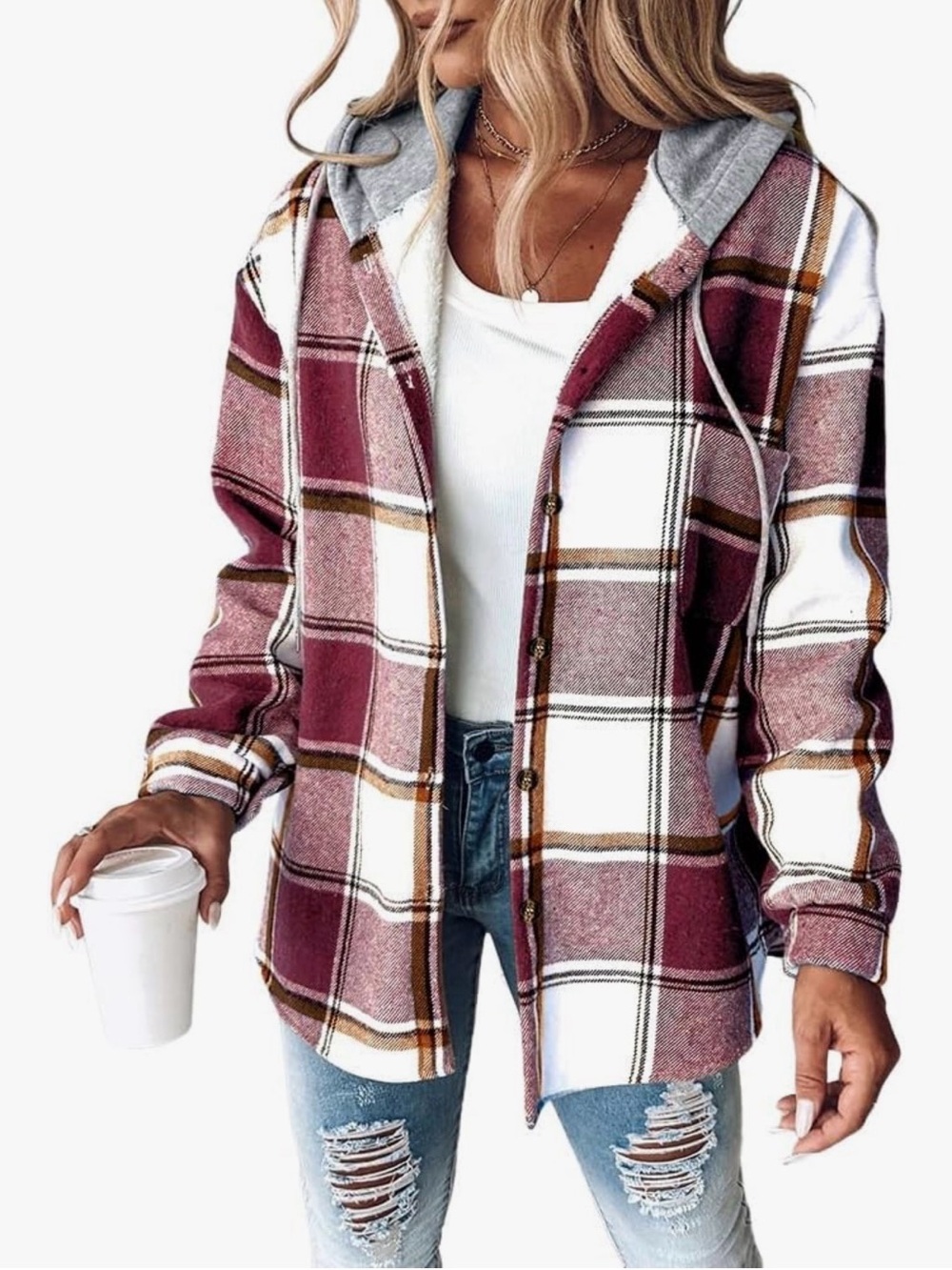 NWT: CHICME Womens Casual Jacket Plaid Hooded Fleece Lined Shacket
